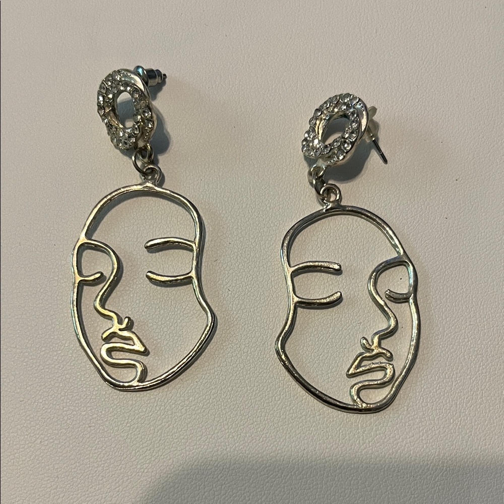 Silver Face Outline Rhinestone Earrings